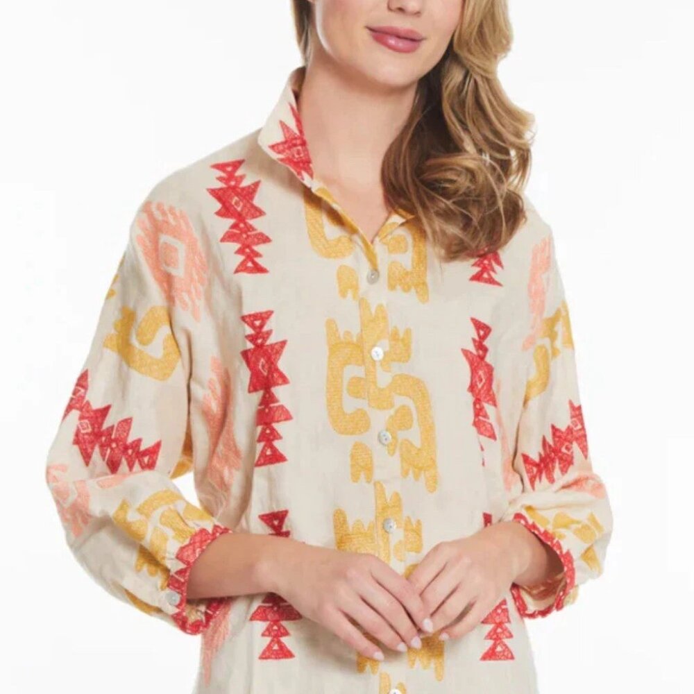 John Mark linen tunic top with multicolored embroidery Aztec Boho Women’s Size S